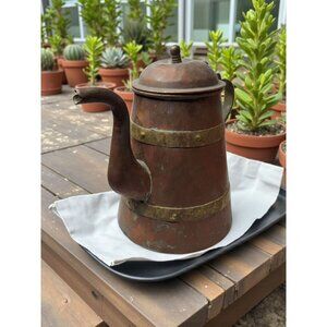 Antique Handcrafted Copper Kettle With Brass Brace Rings
